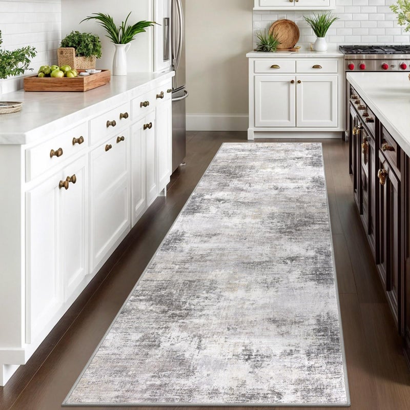 IOHOUZE Abstract Runner Rug 3x10 Ft Washable Runners for Hallways, Non Slip Kitchen Runner Printed Faux Wool Entryway Runner Indoor, Modern Abstract Floor Carpet for Hall Bedroom, Grey Beige - Image 2