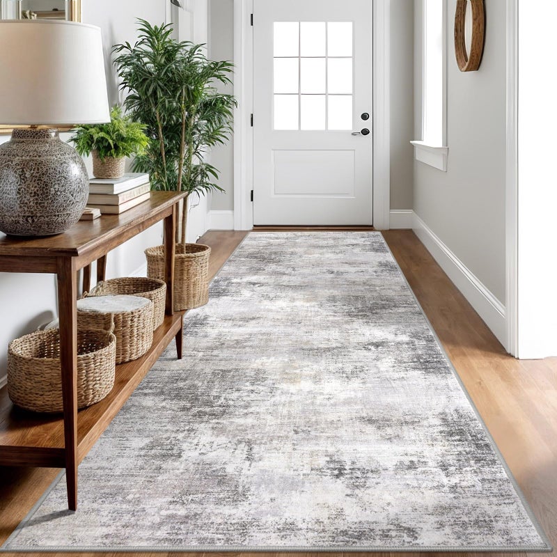 IOHOUZE Abstract Runner Rug 3x10 Ft Washable Runners for Hallways, Non Slip Kitchen Runner Printed Faux Wool Entryway Runner Indoor, Modern Abstract Floor Carpet for Hall Bedroom, Grey Beige - Image 1