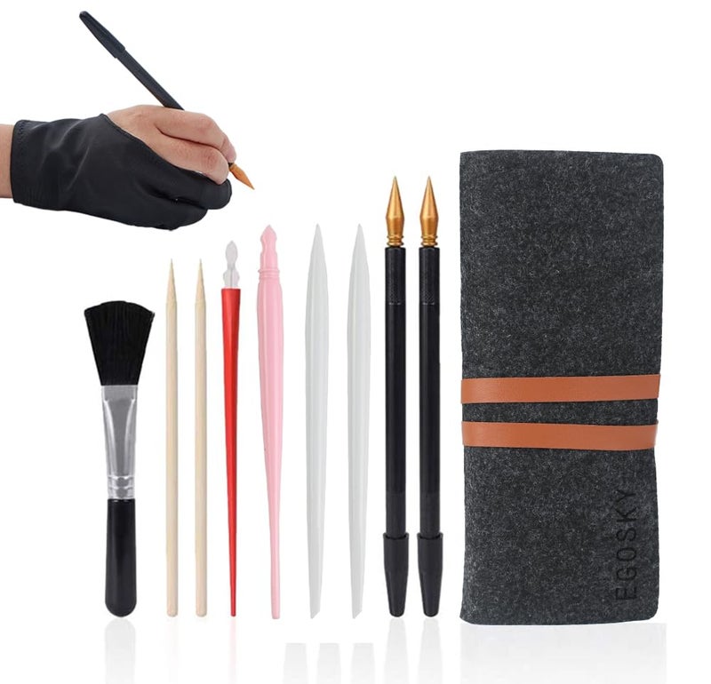 EGOSKY Scratch Painting Art Tool, 11 Pieces Scratching Drawing Tool Set, Including Artist Glove, Tool Bag, Scratch Coloring Pens, Plastic and Wooden Stylus, Scraper, Clean Brush - Image 1