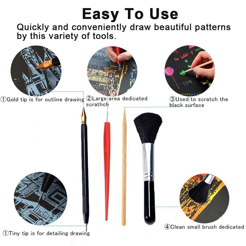 EGOSKY Scratch Painting Art Tool, 11 Pieces Scratching Drawing Tool Set, Including Artist Glove, Tool Bag, Scratch Coloring Pens, Plastic and Wooden Stylus, Scraper, Clean Brush - Image 5