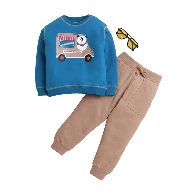 فكتور اند جين Graphic Printed 2 Pc Set with Half Zipper Hoodie