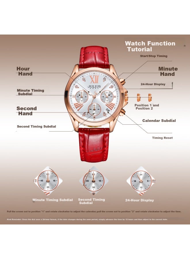 Julius Women's Multifunction Elegant Diamond-studded Quartz Watch With Calendar Waterproof Red Ja-1482b - Image 3