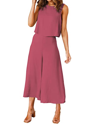 ROYLAMP Women's Summer 2 Piece Outfits Round Neck Crop Top Cropped Wide Leg Pants Set Travel Jumpsuits Dark Fuchsia S - Image 2