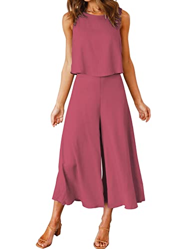 ROYLAMP Women's Summer 2 Piece Outfits Round Neck Crop Top Cropped Wide Leg Pants Set Travel Jumpsuits Dark Fuchsia S - Image 1