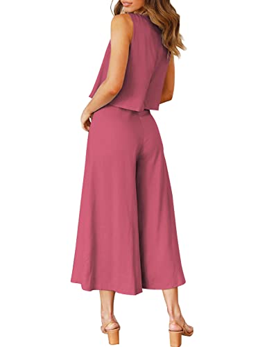 ROYLAMP Women's Summer 2 Piece Outfits Round Neck Crop Top Cropped Wide Leg Pants Set Travel Jumpsuits Dark Fuchsia S - Image 3