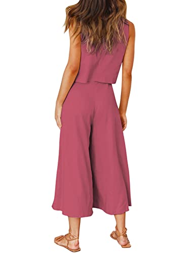 ROYLAMP Women's Summer 2 Piece Outfits Round Neck Crop Top Cropped Wide Leg Pants Set Travel Jumpsuits Dark Fuchsia S - Image 4