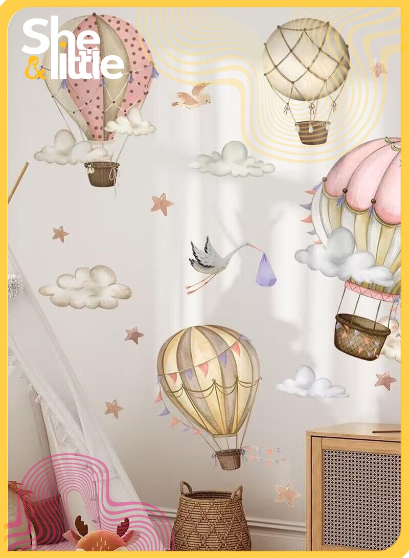 She&Little Hot Air Balloon Wall Decals , Peel and Stick Watercolor Nursery Stickers with Stars and Clouds, Neutral Removable Wall Decor for Baby Room, Kids Bedroom, Playroom, Classroom - Image 1