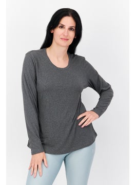 Women Round Neck Long Sleeve  Plain T-Shirt, Dark Grey