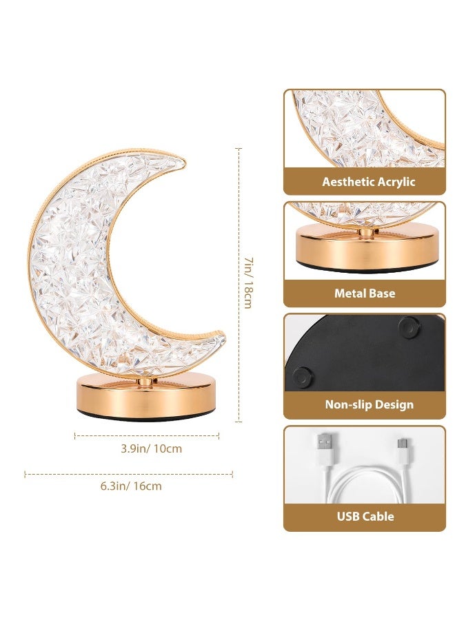 تشيلور مصباح طاولة رمضاني، مصباح لمس قابل للتعتيم بدون خطوات بثلاثة ألوان، إضاءة ليلية قابلة لإعادة الشحن، مصباح طاولة كريستالي على شكل قمر، مناسب لديكور المنزل وغرفة النوم وغرفة المعيشة (قمر). - Image 4