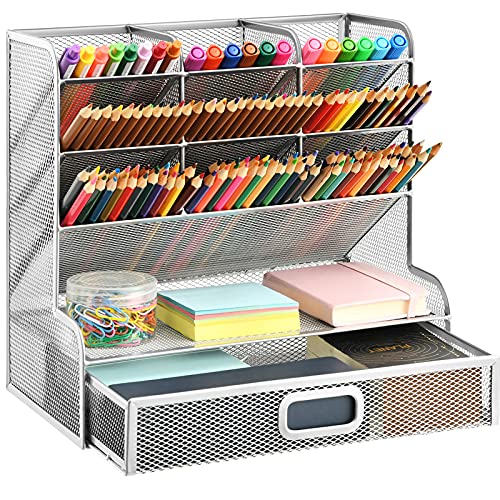 Marbrasse Larger Mesh Desk Organizer with Drawer, Multi-Functional Pen Pencil Holder, Desk Organizers and Accessories for Office Art Supplies (Silver Mesh Pen Holder with Drawer) - Image 1