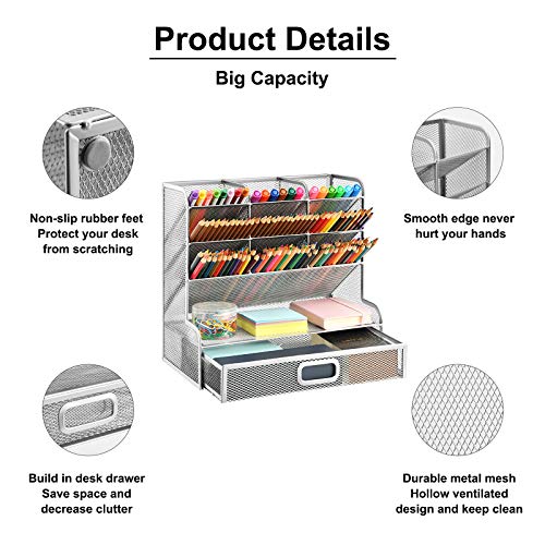 Marbrasse Larger Mesh Desk Organizer with Drawer, Multi-Functional Pen Pencil Holder, Desk Organizers and Accessories for Office Art Supplies (Silver Mesh Pen Holder with Drawer) - Image 4