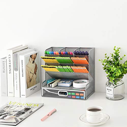 Marbrasse Larger Mesh Desk Organizer with Drawer, Multi-Functional Pen Pencil Holder, Desk Organizers and Accessories for Office Art Supplies (Silver Mesh Pen Holder with Drawer) - Image 3