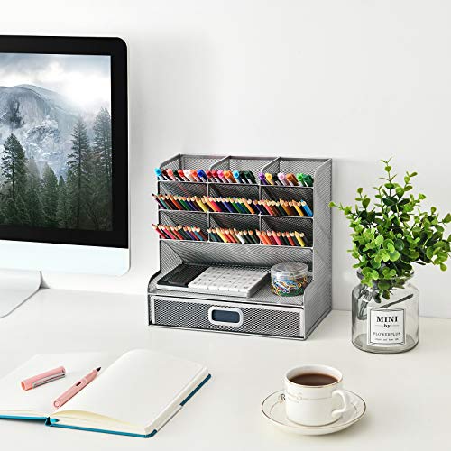 Marbrasse Larger Mesh Desk Organizer with Drawer, Multi-Functional Pen Pencil Holder, Desk Organizers and Accessories for Office Art Supplies (Silver Mesh Pen Holder with Drawer) - Image 2