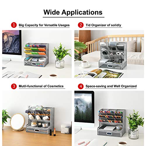 Marbrasse Larger Mesh Desk Organizer with Drawer, Multi-Functional Pen Pencil Holder, Desk Organizers and Accessories for Office Art Supplies (Silver Mesh Pen Holder with Drawer) - Image 5