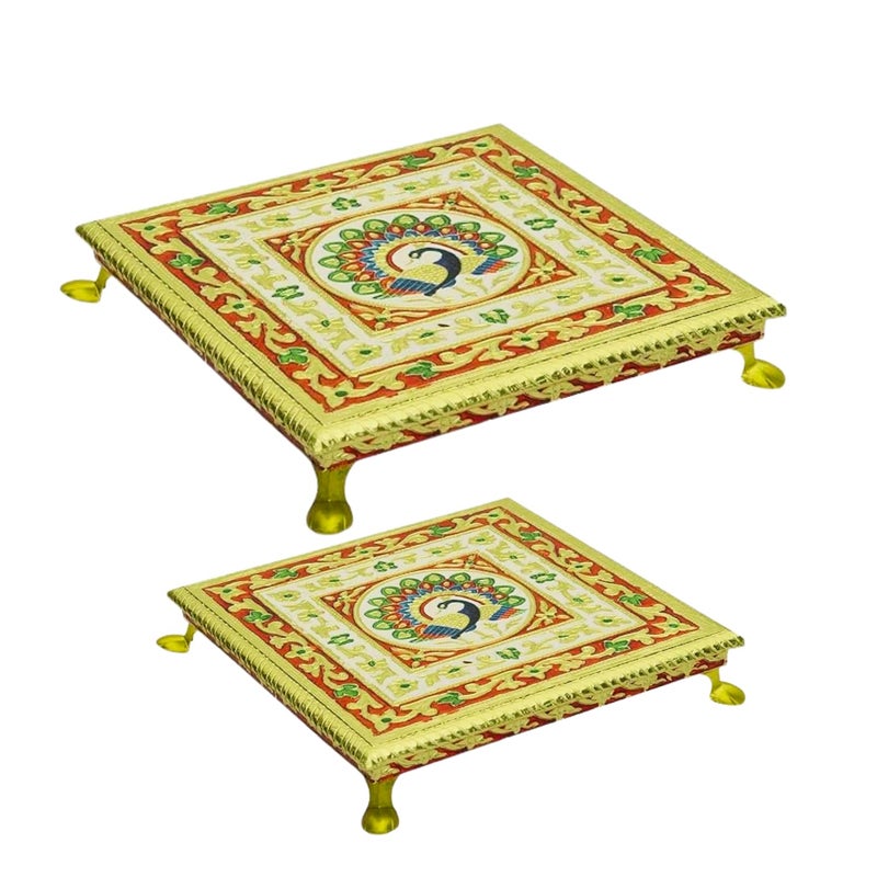 Dantawood Wooden Handcrafted Art Work Square Shape Pooja ChowkiBajot for PoojaMultiPurpose Chowki Set of2LargeMedium - Image 2