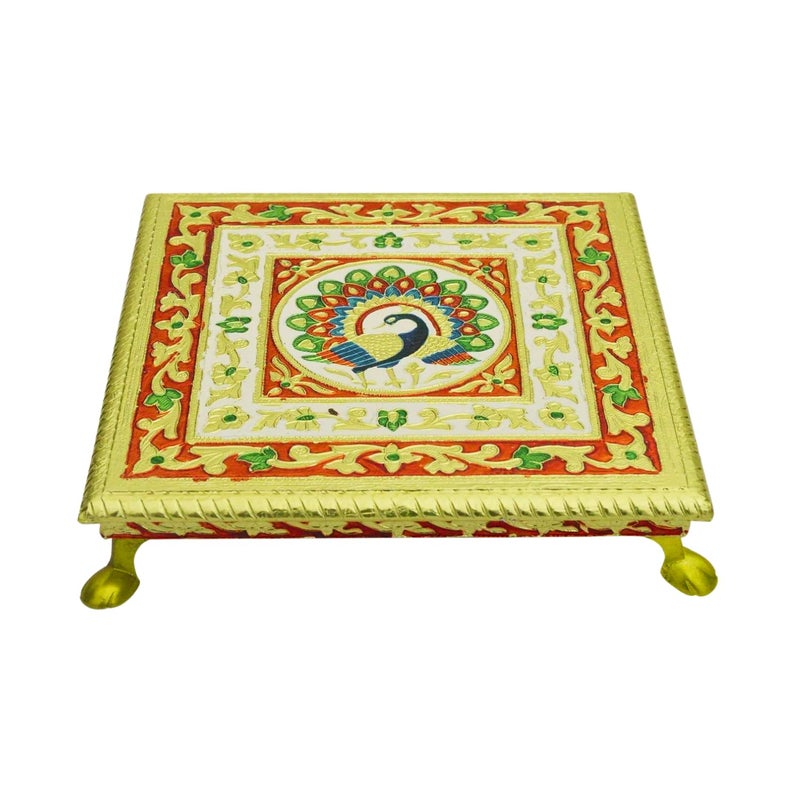 Dantawood Wooden Handcrafted Art Work Square Shape Pooja ChowkiBajot for PoojaMultiPurpose Chowki Set of2LargeMedium - Image 1