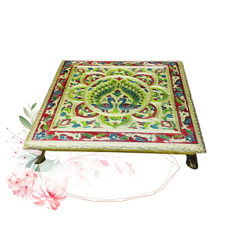 Dantawood Wooden Handcrafted Art Work Square Shape Pooja ChowkiBajot for PoojaMultiPurpose Chowki Set of2LargeMedium - Image 3