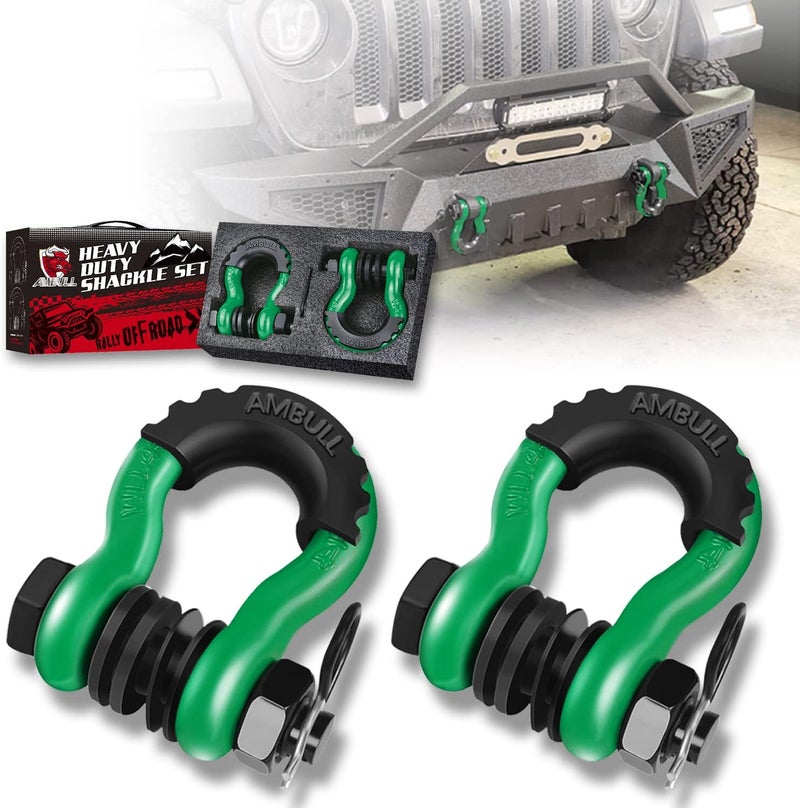 AMBULL Shackles 3/4 Inch D Ring Shackle (2 Pack) 45,000lb Break Strength with 7/8 Inch Pin, Isolator and Washer Kits for Use with Tow Strap, Winch, Off-Road Jeep Truck Vehicle Recovery, DarkGreen - Image 1