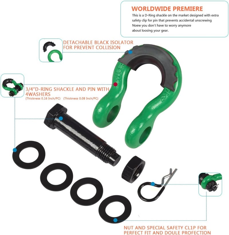 AMBULL Shackles 3/4 Inch D Ring Shackle (2 Pack) 45,000lb Break Strength with 7/8 Inch Pin, Isolator and Washer Kits for Use with Tow Strap, Winch, Off-Road Jeep Truck Vehicle Recovery, DarkGreen - Image 5
