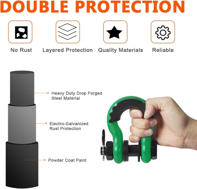 AMBULL Shackles 3/4 Inch D Ring Shackle (2 Pack) 45,000lb Break Strength with 7/8 Inch Pin, Isolator and Washer Kits for Use with Tow Strap, Winch, Off-Road Jeep Truck Vehicle Recovery, DarkGreen - Image 4