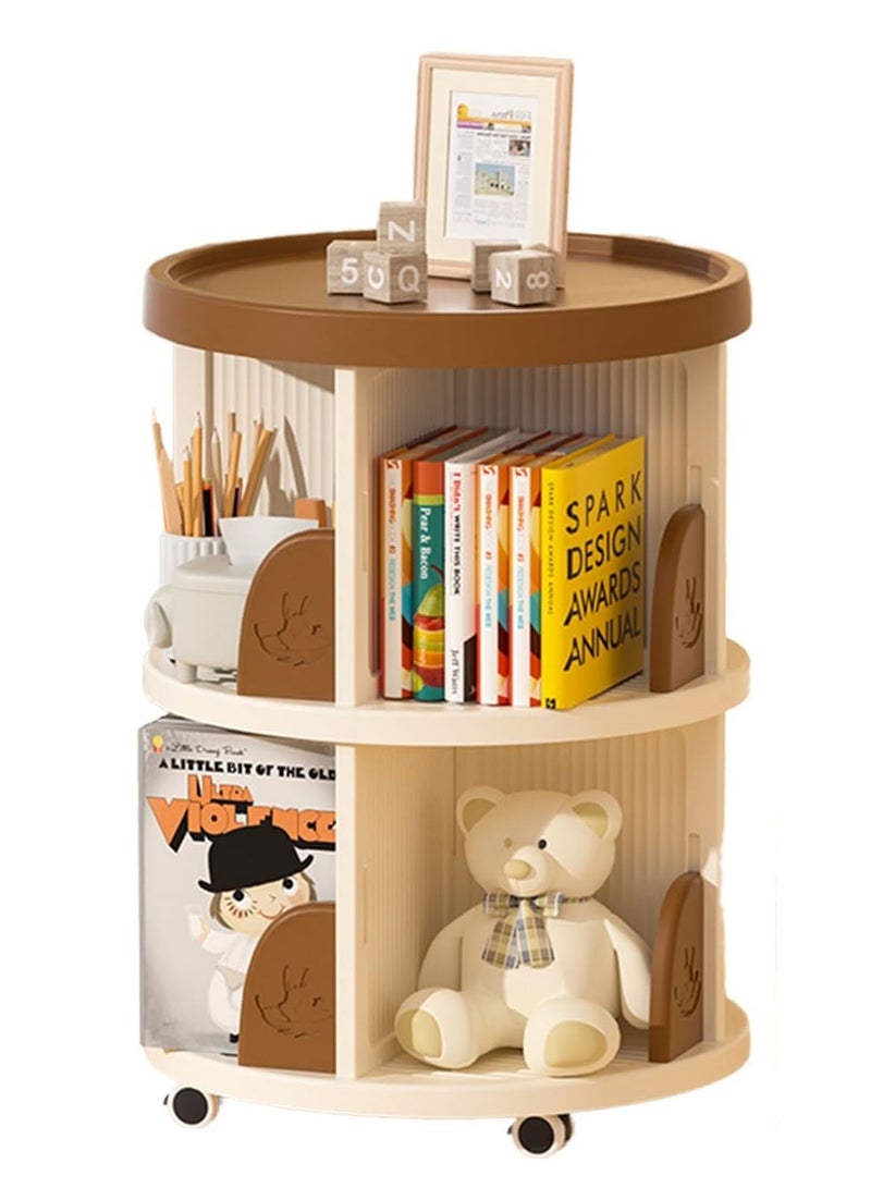 شو وو رف كتب دوار من طبقتين، رف كتب دوار 360 درجة مع عجلات، رف كتب دوار، رف كتب دائري، رف كتب دوار، رف عرض للتخزين قائم على الأرض، دوران صامت، بني - Image 1