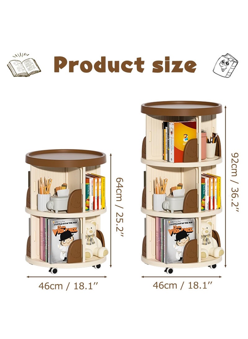 شو وو رف كتب دوار من طبقتين، رف كتب دوار 360 درجة مع عجلات، رف كتب دوار، رف كتب دائري، رف كتب دوار، رف عرض للتخزين قائم على الأرض، دوران صامت، بني - Image 2