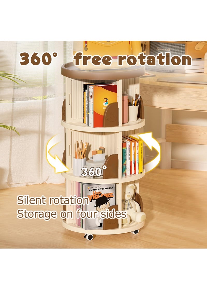 شو وو رف كتب دوار من طبقتين، رف كتب دوار 360 درجة مع عجلات، رف كتب دوار، رف كتب دائري، رف كتب دوار، رف عرض للتخزين قائم على الأرض، دوران صامت، بني - Image 3