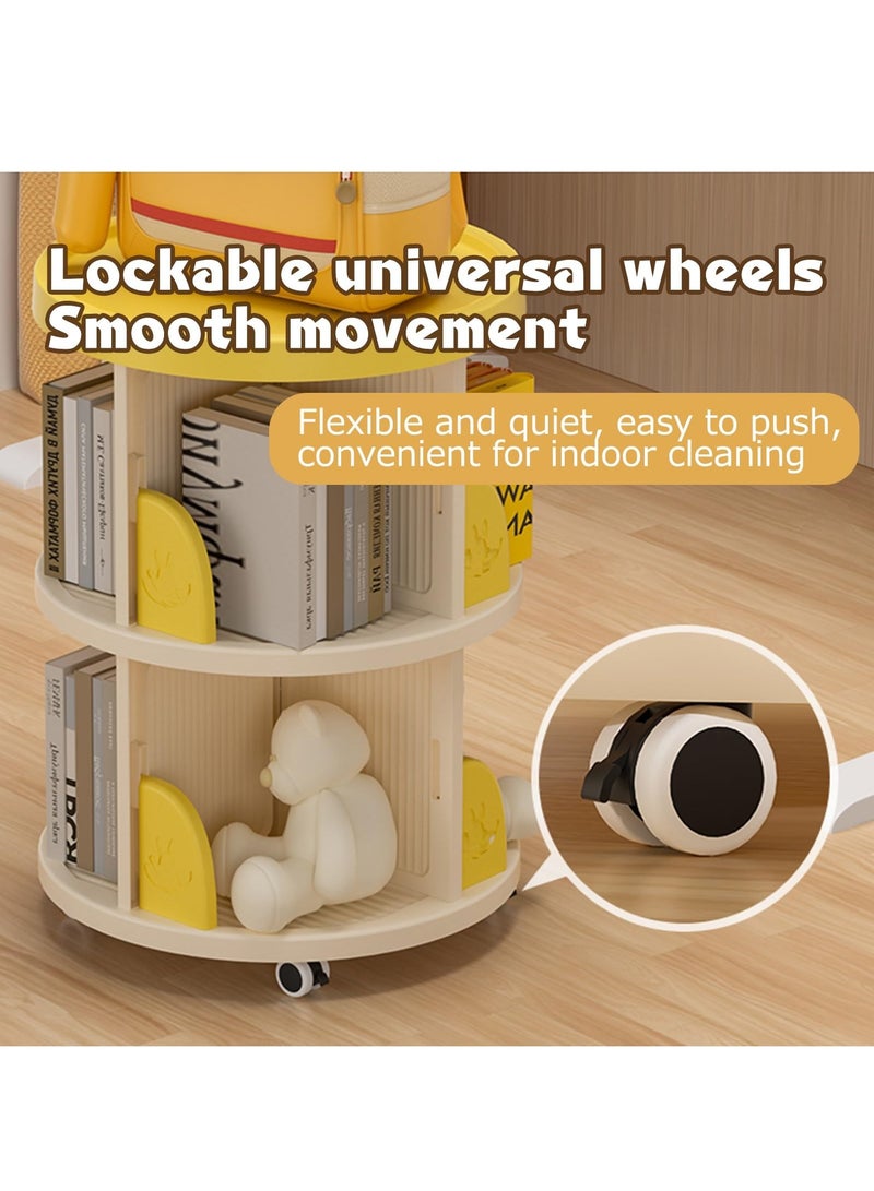 شو وو رف كتب دوار من طبقتين، رف كتب دوار 360 درجة مع عجلات، رف كتب دوار، رف كتب دائري، رف كتب دوار، رف عرض للتخزين قائم على الأرض، دوران صامت، بني - Image 4