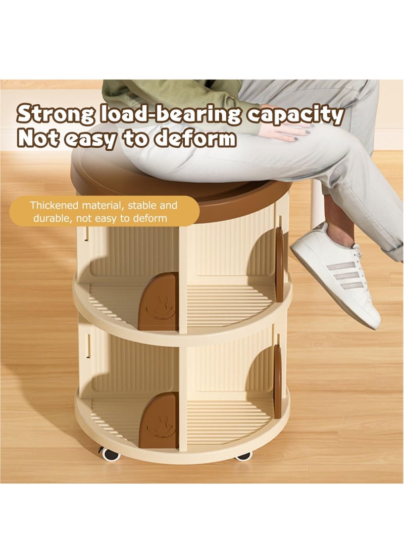 شو وو رف كتب دوار من طبقتين، رف كتب دوار 360 درجة مع عجلات، رف كتب دوار، رف كتب دائري، رف كتب دوار، رف عرض للتخزين قائم على الأرض، دوران صامت، بني - Image 5