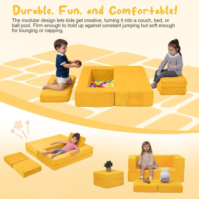 MeMoreCool Modular Kids Couch, Corduroy Play Toddler Couch for Bedroom Playroom Furniture, Convertible Foam Kids Sofa Bed, Fold Out Baby Sofa for Girl Boy, Yellow - Image 2