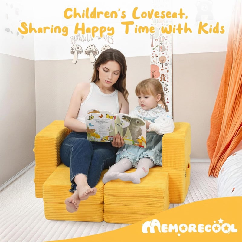 MeMoreCool Modular Kids Couch, Corduroy Play Toddler Couch for Bedroom Playroom Furniture, Convertible Foam Kids Sofa Bed, Fold Out Baby Sofa for Girl Boy, Yellow - Image 3