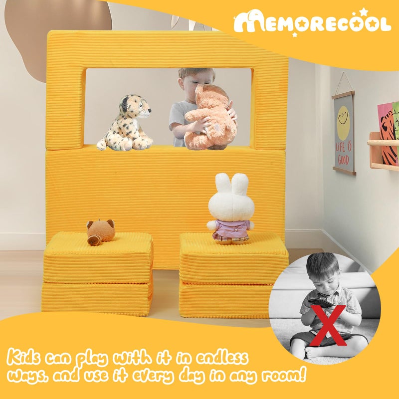 MeMoreCool Modular Kids Couch, Corduroy Play Toddler Couch for Bedroom Playroom Furniture, Convertible Foam Kids Sofa Bed, Fold Out Baby Sofa for Girl Boy, Yellow - Image 4
