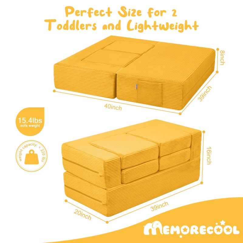 MeMoreCool Modular Kids Couch, Corduroy Play Toddler Couch for Bedroom Playroom Furniture, Convertible Foam Kids Sofa Bed, Fold Out Baby Sofa for Girl Boy, Yellow - Image 5