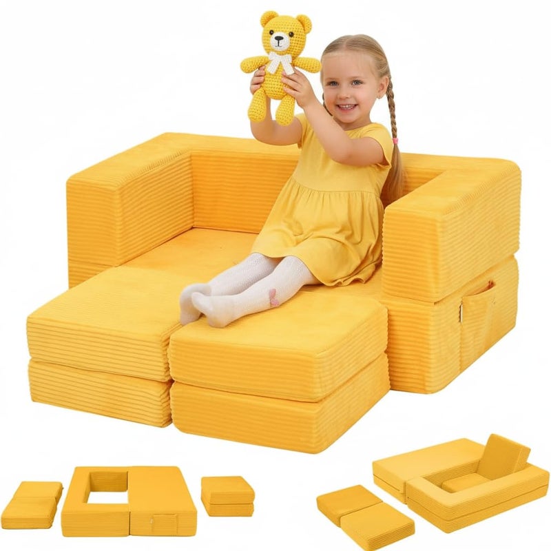 MeMoreCool Modular Kids Couch, Corduroy Play Toddler Couch for Bedroom Playroom Furniture, Convertible Foam Kids Sofa Bed, Fold Out Baby Sofa for Girl Boy, Yellow - Image 1