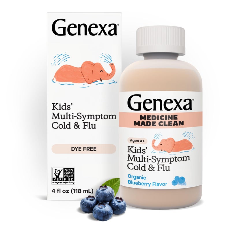 Genexa Genexa Kids Cold Flu MultiSymptom Relief Dye Free 0 Artificial Additives Childrens Liquid Pain Fever and Cough Medicine for Kids 411 Delicious Organic Blueberry Flavor 4 fl oz 