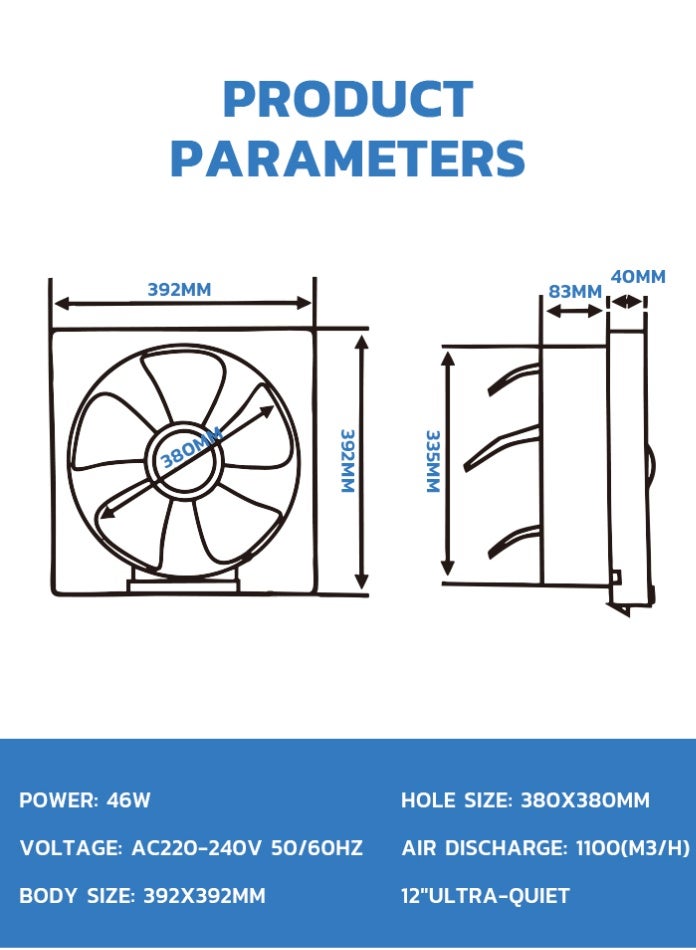 MODI Square Connection Silent 12 Inch Exhaust Fan – Wall Mount Ventilation for Kitchen, Bathroom & Rooms with Strong Airflow and Energy-Saving Motor 46 W - Image 2