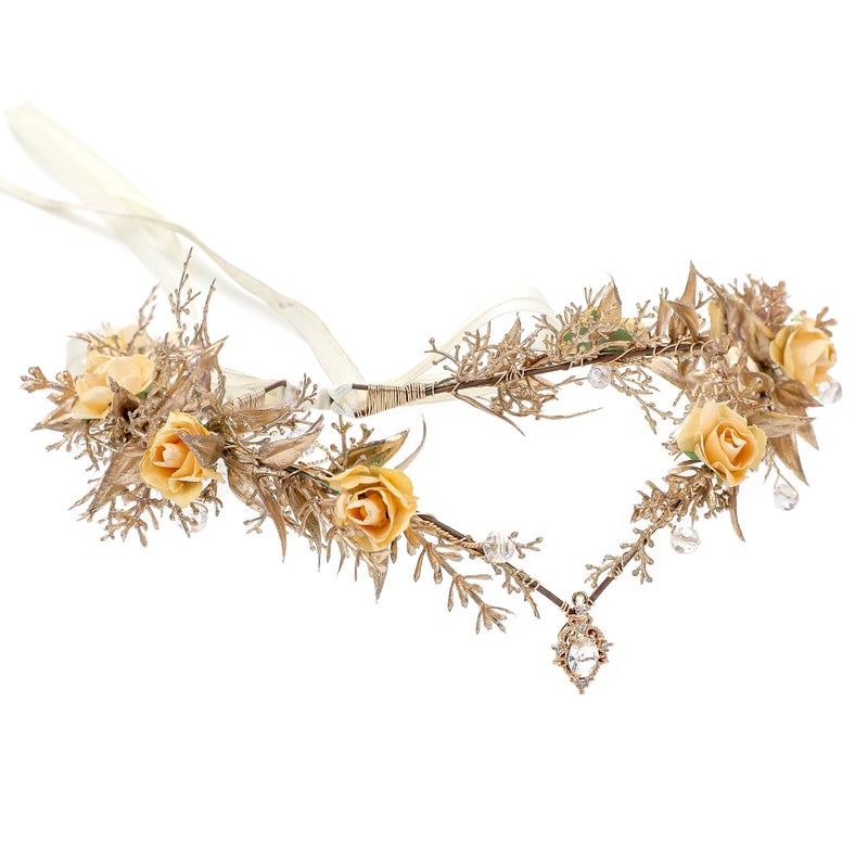MOSTORY Gold Fairy Flower Crown Floral Elf Crowns Headpiece for Renaissance Accessories Women Elven Woodland Circlet for Forest Cosplay Fairycore Outfit Renfaire Halloween - Image 2