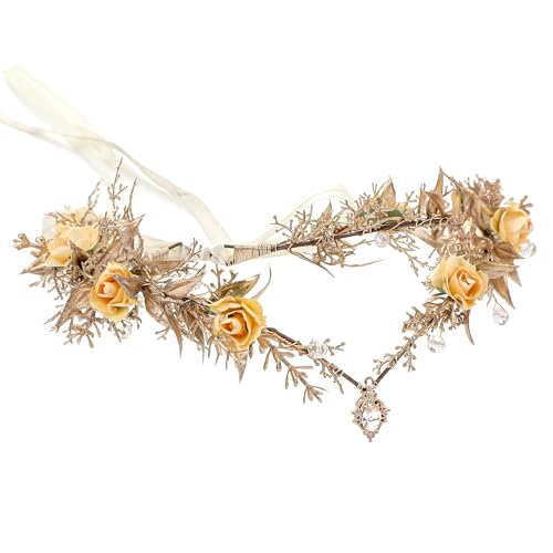 MOSTORY Gold Fairy Flower Crown Floral Elf Crowns Headpiece for Renaissance Accessories Women Elven Woodland Circlet for Forest Cosplay Fairycore Outfit Renfaire Halloween - Image 1