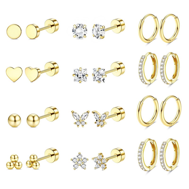 Jstyle Hypoallergenic 14K Gold Plated Flat Back Earrings for Women Men Surgical Stainless Steel Earrings for Sensitive Ears Small Stud Hoop Cartilage Earring Stack Set for Multiple Piercing Jewelry - Image 1