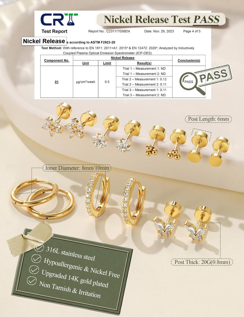 Jstyle Hypoallergenic 14K Gold Plated Flat Back Earrings for Women Men Surgical Stainless Steel Earrings for Sensitive Ears Small Stud Hoop Cartilage Earring Stack Set for Multiple Piercing Jewelry - Image 5