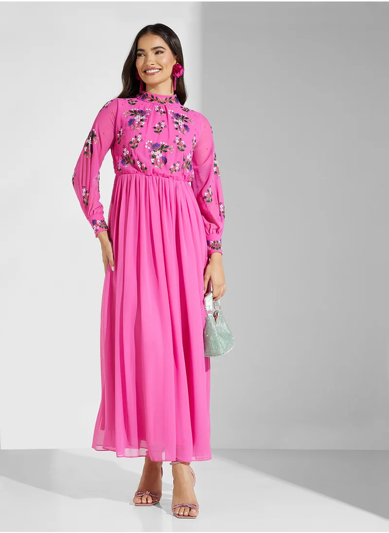 Frock and Frill Embellished Pleated Maxi Dress