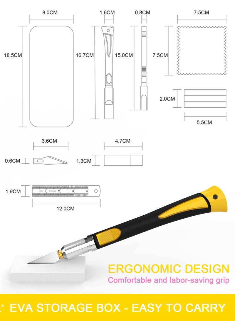 Syarme Precision Knife, Craft Hobby Utility Carving Knife Set, for Art, Hobby, Scrapbook and Sculpture Etc, Contains 2 Knives, 20 Blades, EVA Storage Box, Ruler, Whetstone, Cleaning Cloth - Image 5