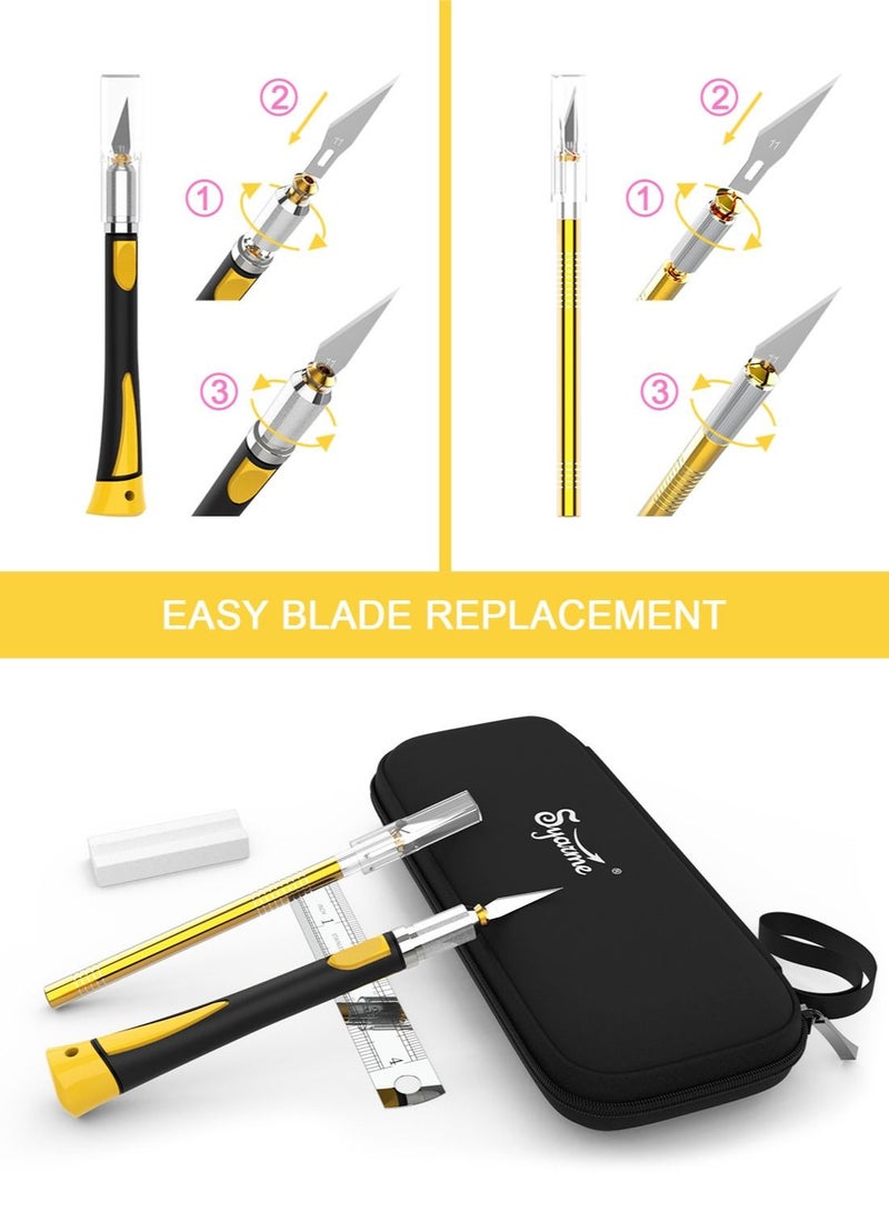 Syarme Precision Knife, Craft Hobby Utility Carving Knife Set, for Art, Hobby, Scrapbook and Sculpture Etc, Contains 2 Knives, 20 Blades, EVA Storage Box, Ruler, Whetstone, Cleaning Cloth - Image 4