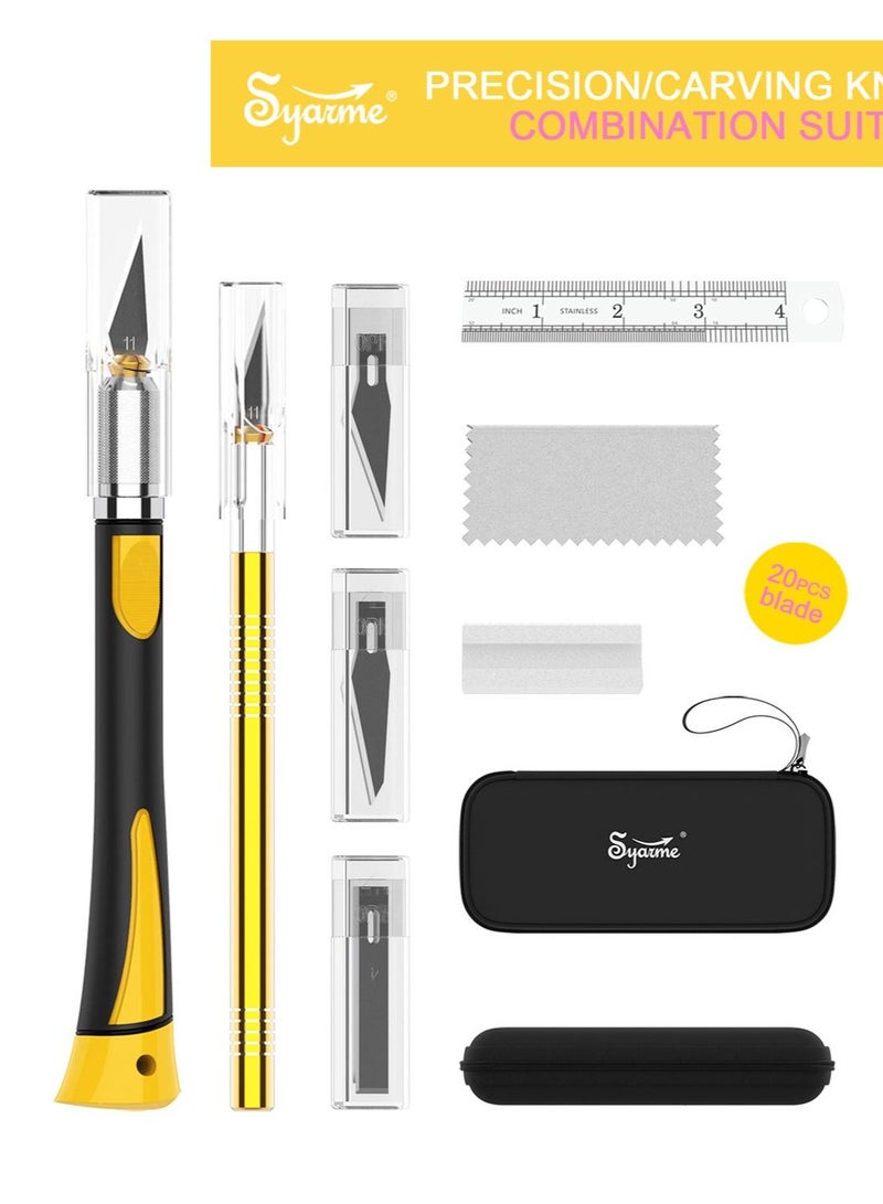 Syarme Precision Knife, Craft Hobby Utility Carving Knife Set, for Art, Hobby, Scrapbook and Sculpture Etc, Contains 2 Knives, 20 Blades, EVA Storage Box, Ruler, Whetstone, Cleaning Cloth - Image 2