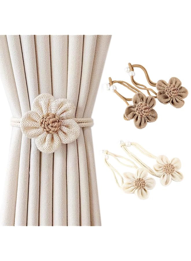 إيروريكس 4 قطع من مشابك تثبيت الستائر المصنوعة يدويًا من اللؤلؤ على شكل زهرة بوهو مع دبابيس تثبيت الستائر بحبل عباد الشمس الأنيق البسيط لديكور غرفة النوم بوهو وغرفة المعيشة والمطبخ قطعتان باللون الكريمي وقطعتان باللون الكاكي - Image 1