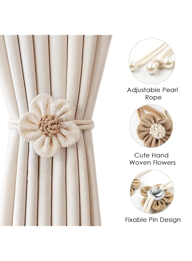 إيروريكس 4 قطع من مشابك تثبيت الستائر المصنوعة يدويًا من اللؤلؤ على شكل زهرة بوهو مع دبابيس تثبيت الستائر بحبل عباد الشمس الأنيق البسيط لديكور غرفة النوم بوهو وغرفة المعيشة والمطبخ قطعتان باللون الكريمي وقطعتان باللون الكاكي - Image 3