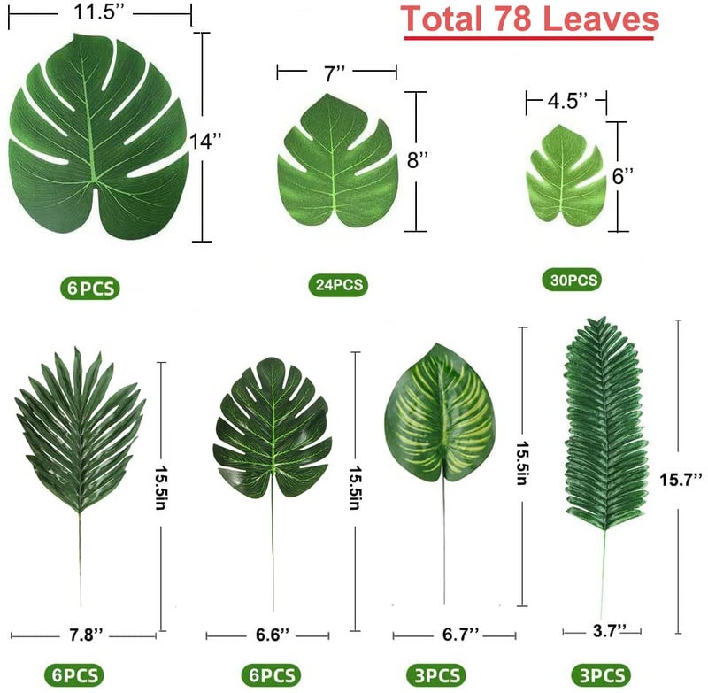 LOMIRO 78 Pieces 7 Kinds Artificial Tropical Leaf Jungle Leaves Plant Safari Leaves Decorations for Hawaiian Party Decorations Beach Birthday Luau Party Decorations - Image 2