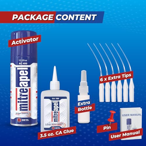 mitreapel طقم غراء MITREAPEL CA مع مُنشط (3.5 أونصة + 13.5 أونصة سائلة) غراء سيانوأكريلات احترافي وغراء فائق التسريع للأعمال الخشبية مع أغطية إضافية ونقاط دقيقة، للأعمال اليدوية والحرف، البلاستيك، الإصلاح - Image 2