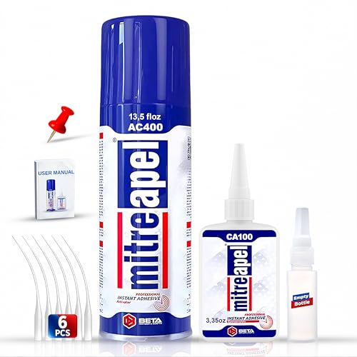 mitreapel طقم غراء MITREAPEL CA مع مُنشط (3.5 أونصة + 13.5 أونصة سائلة) غراء سيانوأكريلات احترافي وغراء فائق التسريع للأعمال الخشبية مع أغطية إضافية ونقاط دقيقة، للأعمال اليدوية والحرف، البلاستيك، الإصلاح - Image 1