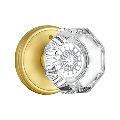 CLCTK Gold Door Knob with Lock, Octagon Crystal Glass Door Knobs for Interior Door, Privacy Function Bathroom Bedroom Door Knobs Interior, Satin Brass Finish - Image 1
